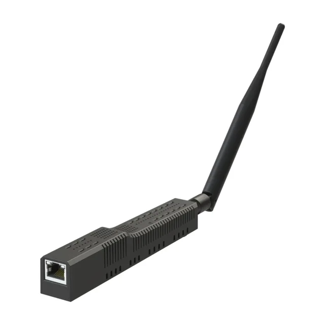 SMHUB Nano MG24 Linux akıllı ev merkezi, Ethernet girişli ucu ve harici anteni, beyaz zemin