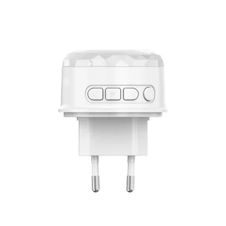 WAS-01P WiFi akıllı siren yandan, prize takılan fiş ve önceki ses, M, sonraki ses ve ses tuşları