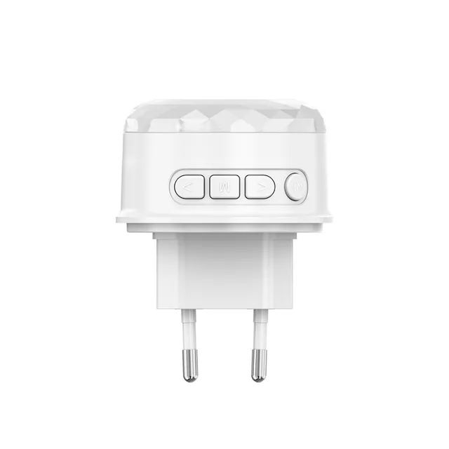 WAS-01P WiFi akıllı siren yandan, prize takılan fiş ve önceki ses, M, sonraki ses ve ses tuşları