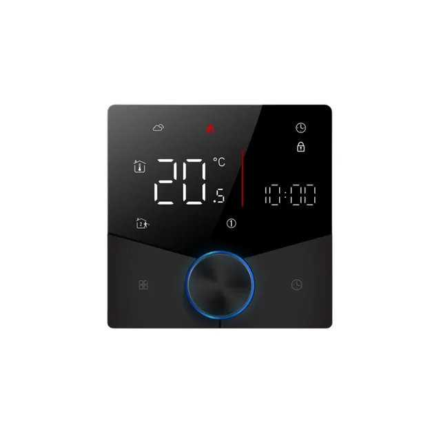 Zigbee döner düğmeli termostat ZKT-02 ön görünüm, siyah panel ve mavi ışıklı döner düğme