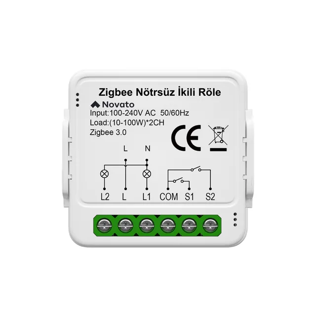Zigbee Nötrsüz İki Çıkışlı Röle